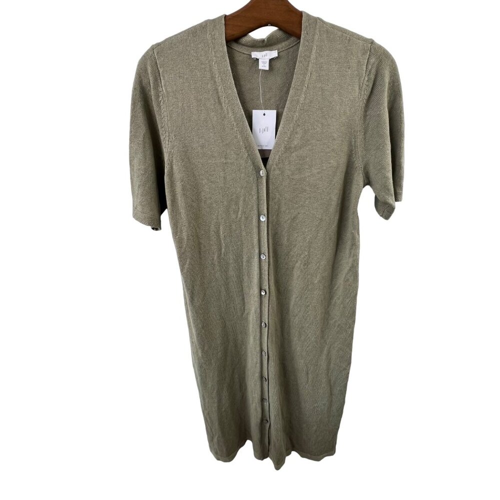 J Jill Sweater Cardigan Size Small Petite Sage Green Button Short Sleeve Light